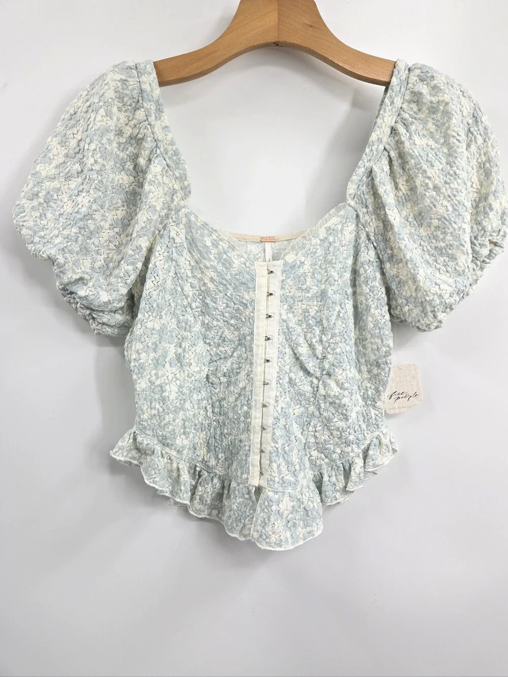 Free People Oh Baby Lace Top Light Blue Floral Puff Sleeve Peasant
